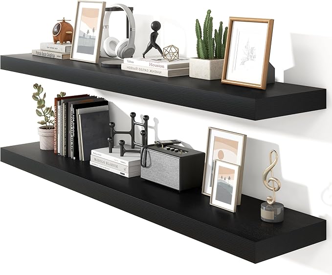 Heimlove 55 Inch Floating Shelves for Wall,10 Deep Large Black Wall Shelf with Heavy Duty Brackets,Mounted Storage & Display Shelves for Bedroom,Living Room,Kitchen,Office,Set of 2-Ruum Studio Home