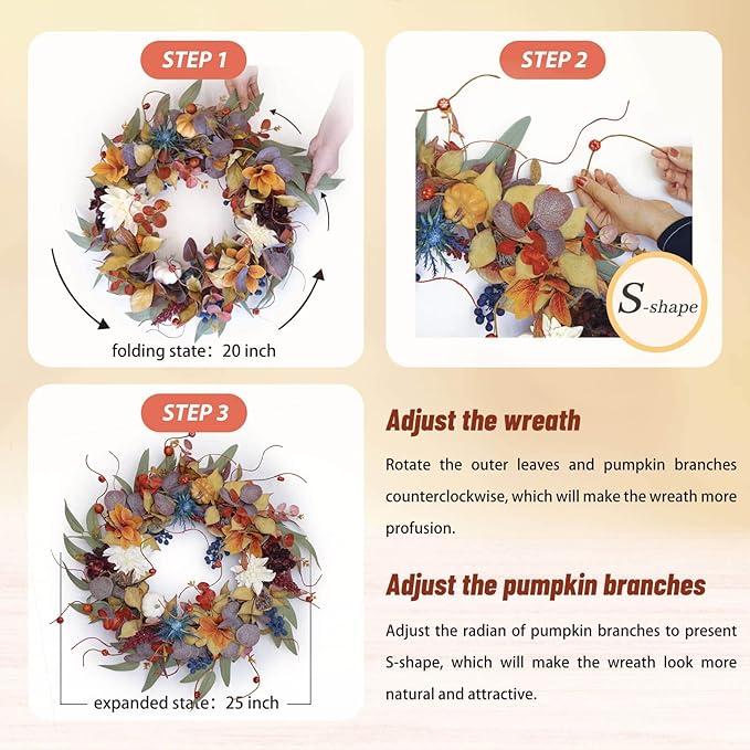 Fall Wreaths for Front Door Outside 24 Inch Autumn Wreath with Pumpkins, Silk Leaves & Purple Flowers Autumn Wreaths for Front Door, Halloween Wreath Decoration, Thanksgiving Decor-Ruum Studio Home