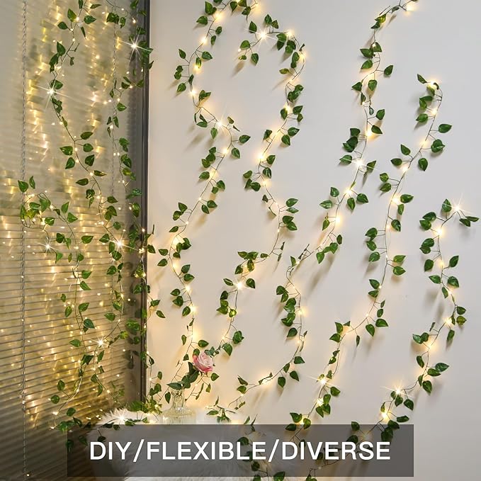 suddus Vines with Lights, 200 LED Fairy Lights with Vines, Pothos Curtain String Lights with Remote for Bedroom, Dorm, Wedding, Party, Wall, Indoor, Outdoor Decor, 6.5ft x 6.5ft-Ruum Studio Home