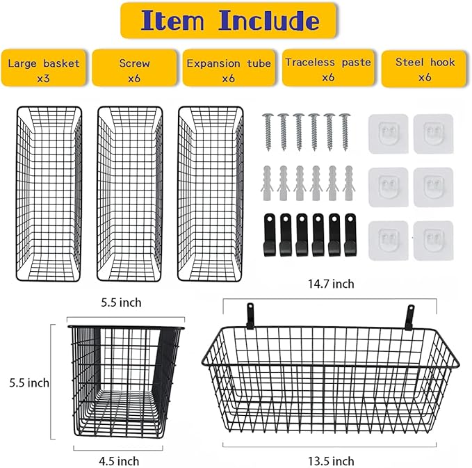 Joben Oligey 3 Set [Extra Large] Hanging Wall Baskets ,Wire Basket For Storage Pantry, Farmhouse Food Storage Kitchen Pantry Laundry Closet Garage RV ,Black-Ruum Studio Home