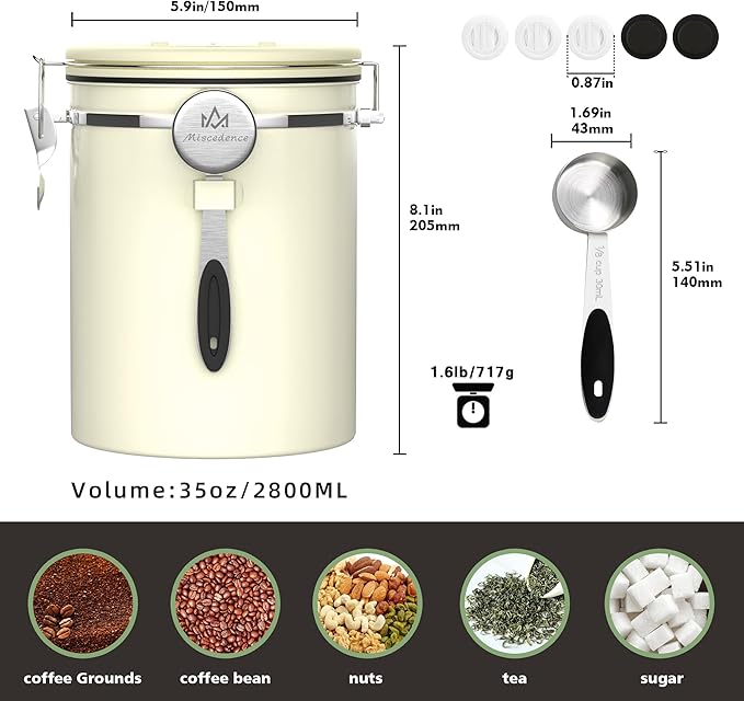 35OZ Coffee Canister for ground coffee with Date Tracker,beige 304 Stainless Steel Kitchen Food Airtight storage container for Coffee Beans or Grounds, Tea, Sugar-Ruum Studio Home
