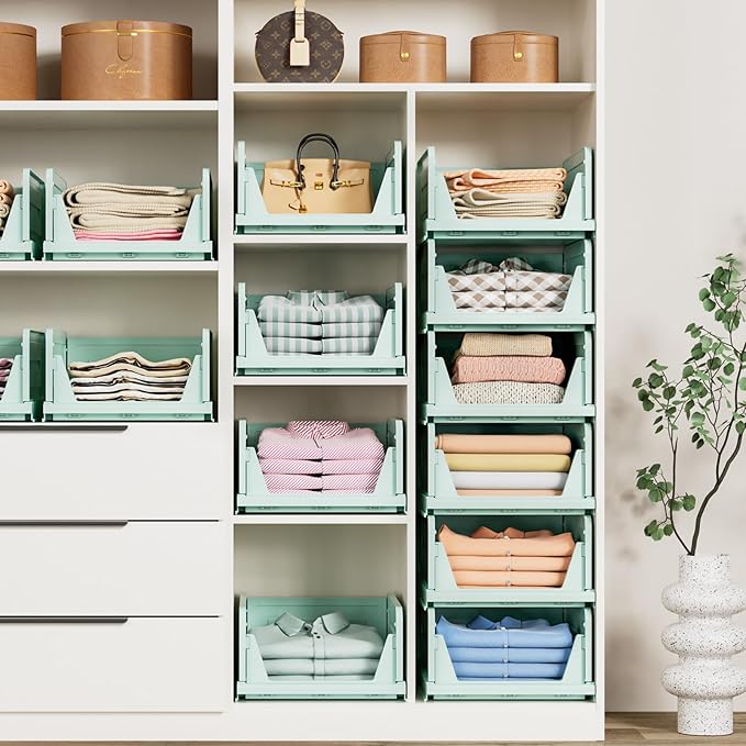6 Pack Stackable Closet Storage Basket - Stackable Storage Bins, Multifunctional & Foldable Closet Organizer, Wardrobe Cupboard Space-Saving Hat Storage Drawer Organizer, Green-Ruum Studio Home