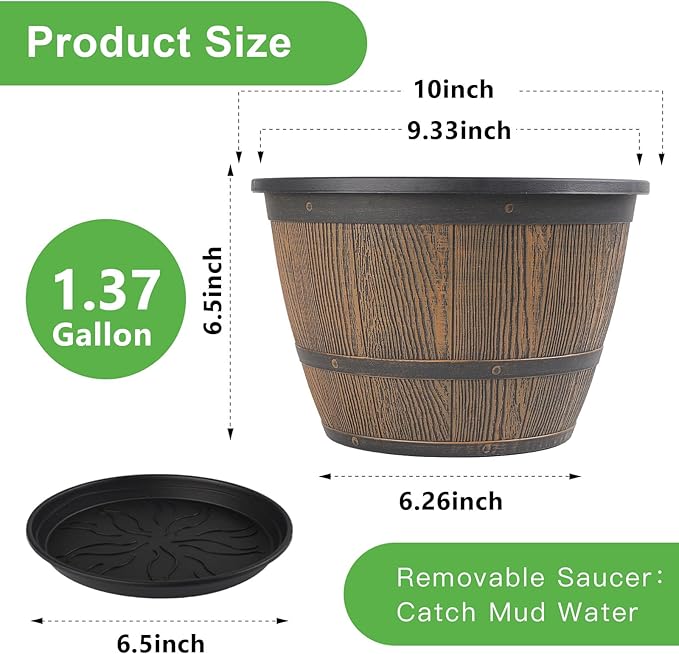 10-inch-Plant-Pots-Indoor-Outdoor, 4 Pack Whiskey Barrel Planters with Drainage Holes & Saucer, Plastic Flower Pots Imitation Wine Barrel Design, Decorative Garden Pots for Plants-Ruum Studio Home