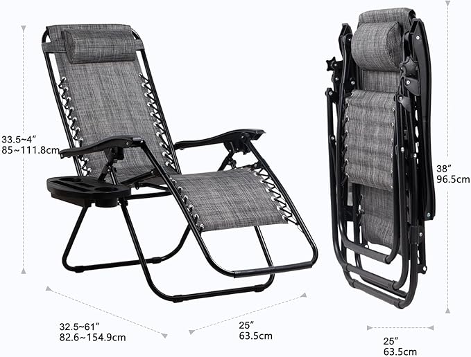 Nazhura Set of 2 Relaxing Recliners Patio Chairs Adjustable Steel Mesh Zero Gravity Lounge Chair Beach Chairs with Pillow and Cup Holder(Grey)-Ruum Studio Home