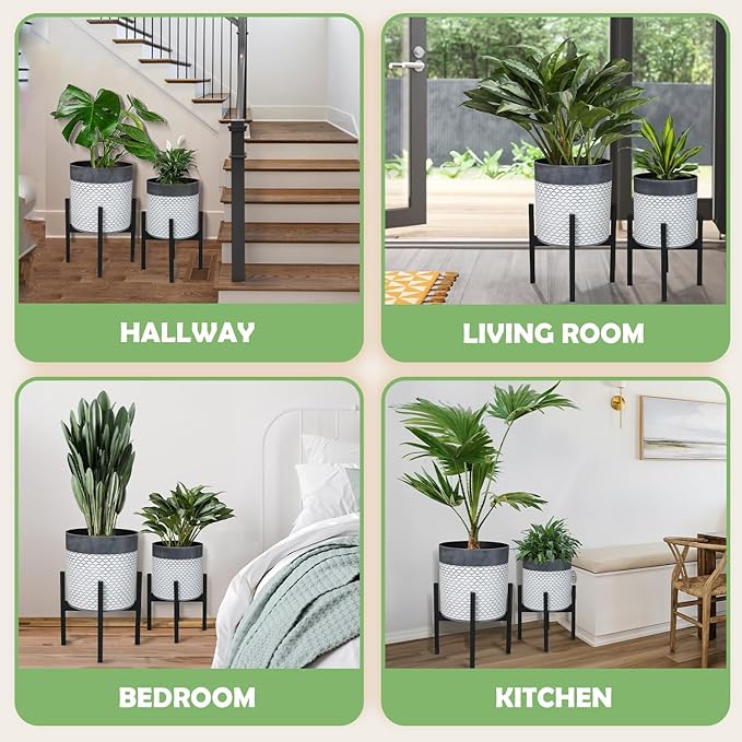 Planter with Stand Set of 2, Mid Century Plant Pots with Metal Legs Indoor, Modern Flower Pots with Drainage Holes, Decorative Garden Pot for Living Room, Office, Garden, or Balcony 10 & 12 inches-Ruum Studio Home
