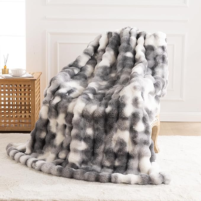 Cozy Faux Fur Throw Blanket for Bed Warm Fuzzy Throw Blanket, Soft Plush Thick Bubble Blankets for Bedroom and Living Room, Furry Luxury Blanket, 60 x 80,Tie-Dye Grey-Ruum Studio Home