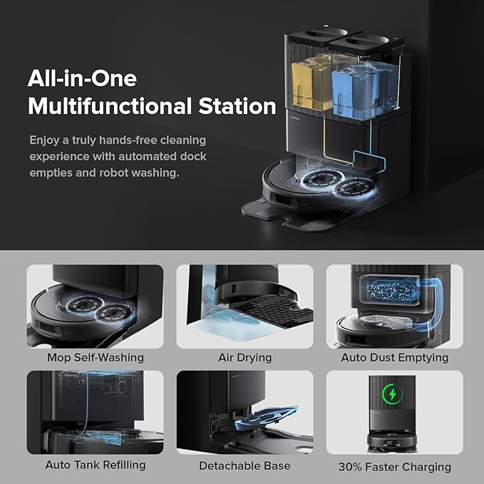 roborock Qrevo Series Robot Vacuum and Mop, 8000Pa Suction, Upgraded from Qrevo S, Anti-Tangle Brushes, Smart Obstacle Avoidance, Auto Mop Washing, All-in-One Dock, 200RPM Spinning Mops, Black(QV 35A)-Ruum Studio Home
