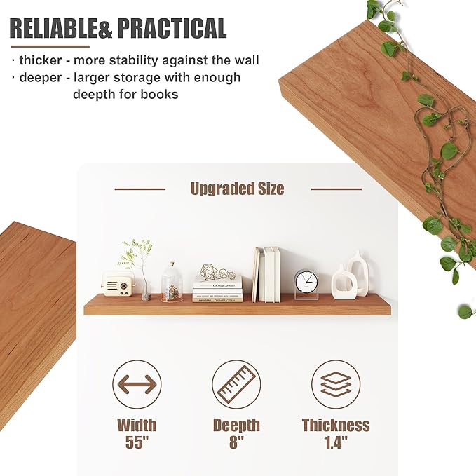 Floating Shelves for Wall, USA-Sourced Cherry Wood 55 Inch Long Wall Shelves, Natural Wooden Wall Mounted Picture Ledge Shelf, Nursery Book Storage Shelf Kids Bookshelf, Display Shelf for Bathroom-Ruum Studio Home
