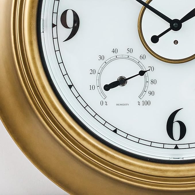 ANDY STAR 21 Inch Outdoor Clocks Waterproof, Large Outdoor Wall Clocks for Patio with Thermometer, Weatherproof Illuminated Clock Battery Operated with Thermometer&Hygrometer, Gold Metal Finish-Ruum Studio Home