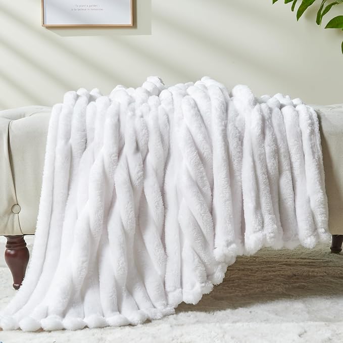 NEWCOSPLAY Super Soft Twin Blanket White Premium Silky Flannel Fleece 3D Ribbed Jacquard Lightweight Bed Blanket All Season Use (White Ribbed, Twin(60"x80"))-Ruum Studio Home
