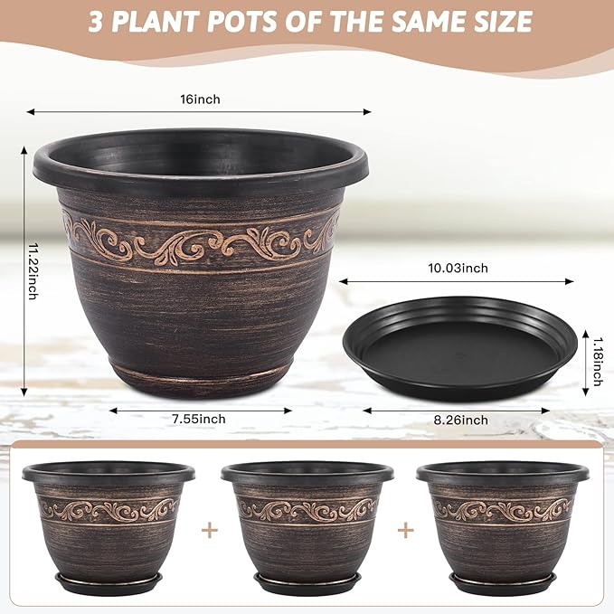Plastic-Plant-Flower-Planters-16 Inch with Drainage Hole & Saucer, 3 Packs Lightweight Small Resin Flower Pot Indoor Outdoor, Retro Antique Imitation Decorative Garden Containers Sets for Houseplants-Ruum Studio Home