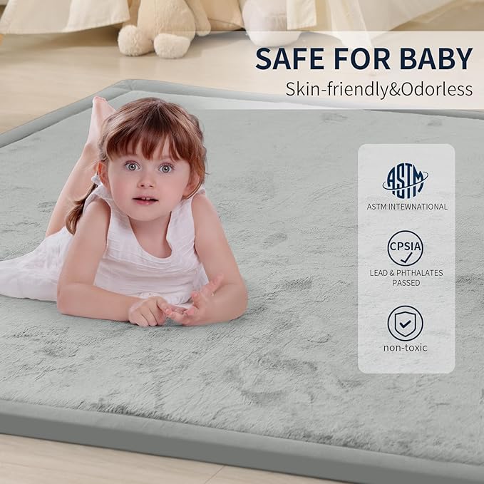 ACOMOPACK Baby Play Mat for Floor 1.3" Thick Memory Foam Play Mat 79"×118" Tummy Time Crawling with Non-Slip Bottom for Living Room,Nursery,Soft Velvet Playpen Mats for Kids,Infants（Light Grey）-Ruum Studio Home