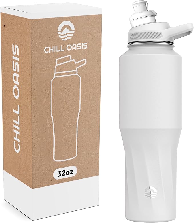 Chill Oasis Water Bottle | Compatible With Popular Flavor Cartridges | BPA Free, Leak Proof, Double-Walled Vacuum Insulated Stainless Steel, and Dishwasher Safe | Cold for 24 Hours (White, 32oz)-Ruum Studio Home
