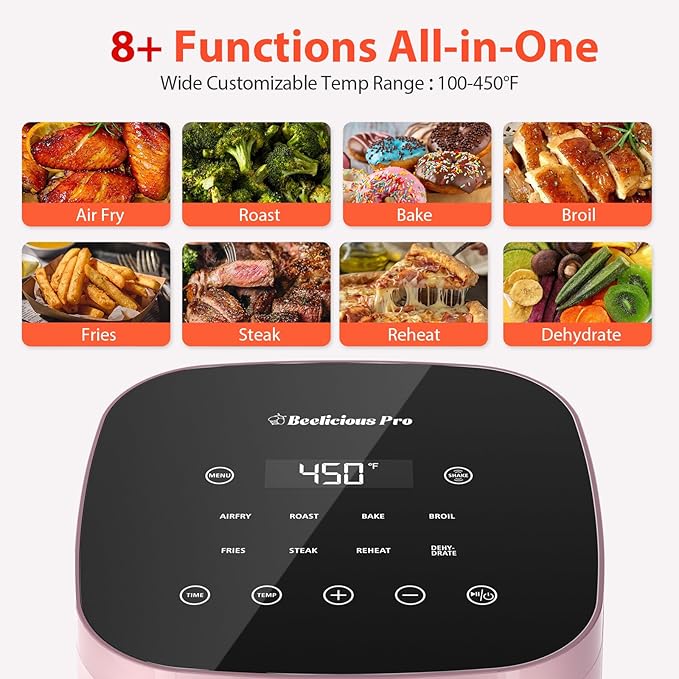 Air Fryer, Beelicious 8-in-1 Smart Compact 4QT Air Fryers, Shake Reminder,450°F Digital Airfryer with Flavor-Lock Tech, Tempered Glass Display, Dishwasher-Safe & Nonstick, Fit for 1-3 People, Pink-Ruum Studio Home