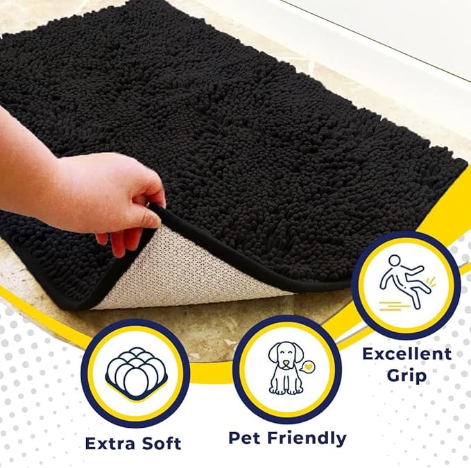 Muddy Mat® 4-Piece Black Medium 30"X19" AS-SEEN-ON-TV Highly Absorbent Microfiber Door Mat, Bath Mat and Pet Rug, Non Slip Thick Washable, Soft Chenille for Kitchen Bathroom Bedroom Indoor and Outdoor-Ruum Studio Home