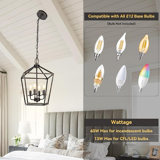 4 Light Chandelier Lighting, Industrial Ceiling Light Black Lantern with Brushed Gold, Geometric Metal Hanging Light Fixture with Adjustable Chain, E12 Base for Entryway Kitchen Island, Indoor Use-Ruum Studio Home