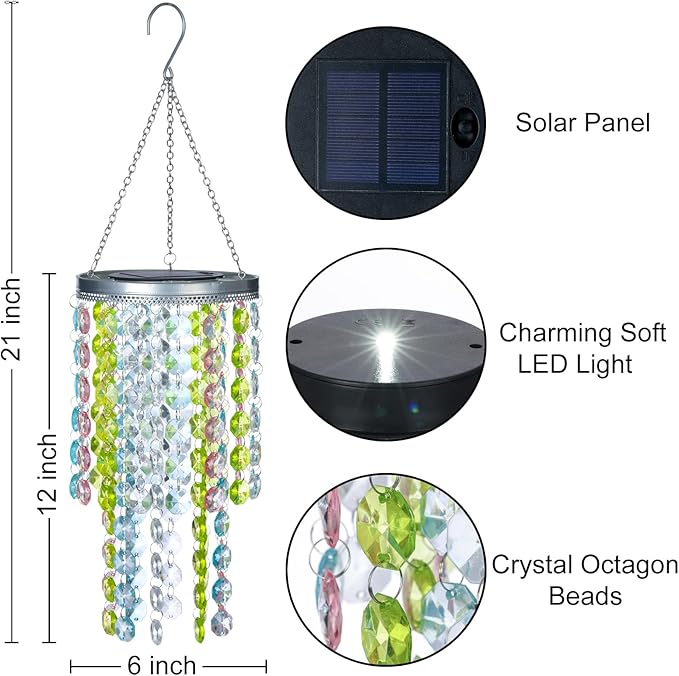 Hanging Solar Lantern Outdoor, 2 Tiers 21” Solar Multicolor Acrylic Beaded Chandelier with Cool White LED S Hooks for Garden Yard Patio Gazebo Outside Decor-Ruum Studio Home
