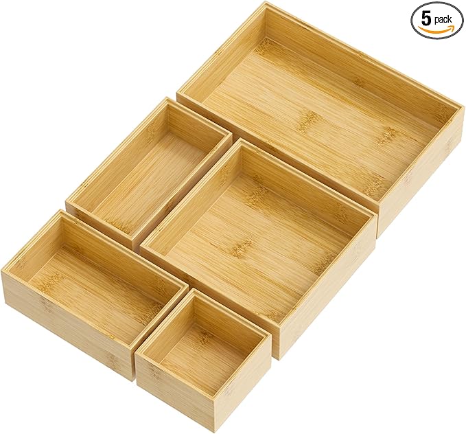 Bamboo Drawer Organizer Set, 5 PCS Multi-use Varied Sizes Junk Drawer Organizer Kitchen Storage Box for Office, Home, Bedroom, Bathroom, Bamboo-Ruum Studio Home