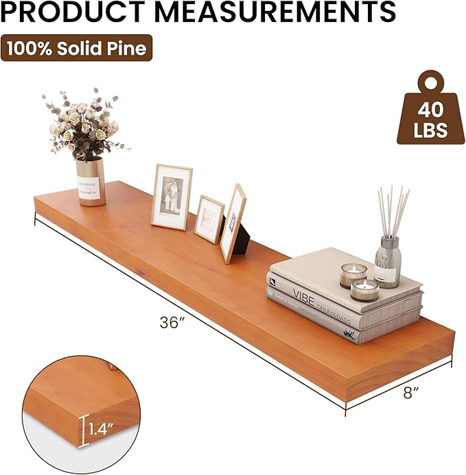Light Brown Floating Wall Shelves 36 Inches Long x 8”x 1.4” Shelf Floating Rustic Farmhouse Decor, Heavy Duty Shelf Hold 80 lbs, Wall Shelves for Bathroom Living Room Kitchen Bedroom Office-Ruum Studio Home