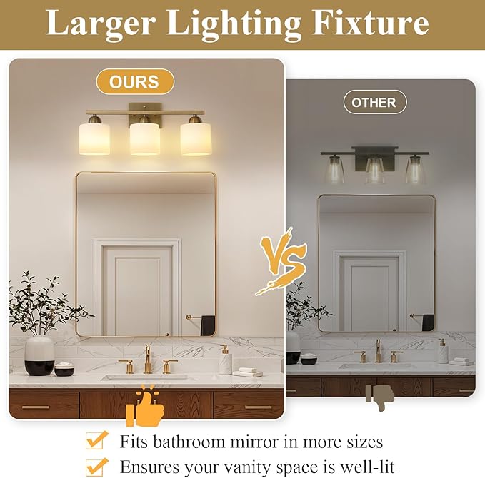Stainless Steel Milk Glass Vanity Lights for Bathroom, 3 Light Brass Bathroom Light Fixtures Over Mirror, Ceramic E26 Sockets Wall Mounted-Ruum Studio Home