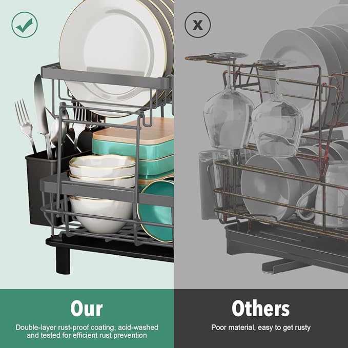 MOUKABAL Dish Drying Rack, 2 Tier Dish Rack, Large Dish Racks for Kitchen Counter, Dish Drainer with Removable Utensil Holder, Drainboard (Grey)-Ruum Studio Home