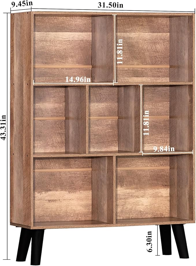 LEYAOYAO 7 Cube Bookshelf 3 Tier Modern Bookcase with Legs,Wood Book Shelves Storage Organizer Shelf,Free Standing Bookcases,Oak Display Bookshelves-Ruum Studio Home