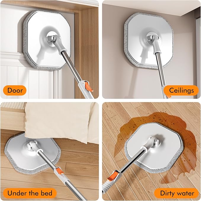 Spin Mop and Bucket Set with Separate Dirty and Clean Water,360° Spin Mop and Bucket System with Widening Foldable Handle,6 Replaceable Mop Pads,Square Mop for Floor Hardwood Wall Cleaning(White)-Ruum Studio Home