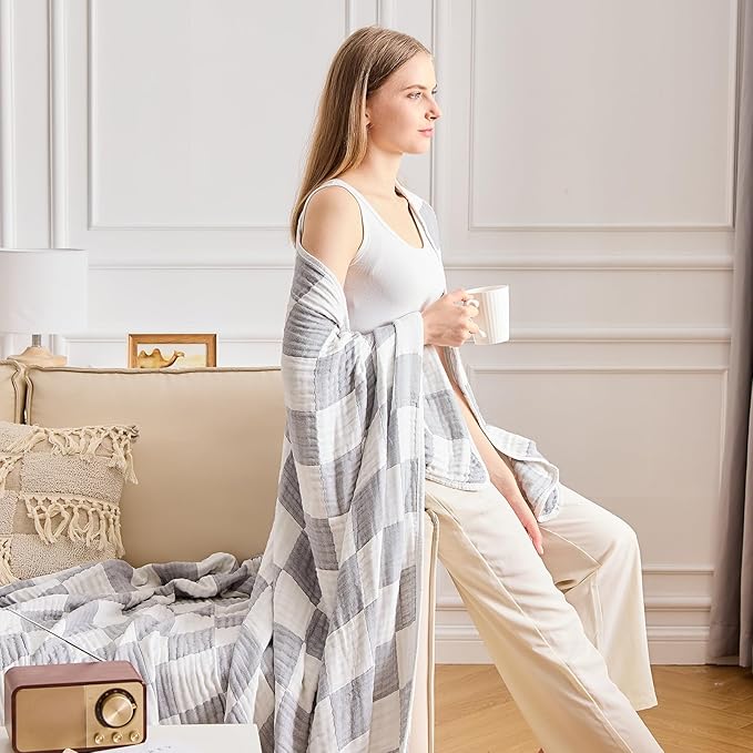 EMME Checkered Throw Blanket Cotton for Couch Soft Muslin Blankets 50"x60" Lightweight Breathable Cooling Soft All Season Gauze, Light Grey-Ruum Studio Home
