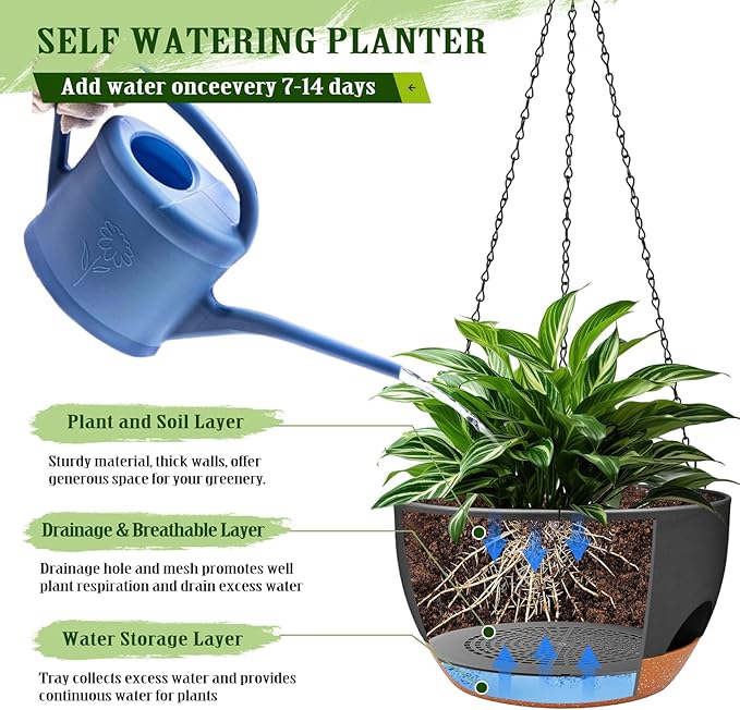 Hanging Planters for Outdoor Indoor Plants, 2 Pack 12 Inch Hanging Basket Plants Outdoor, Self Watering Hanging Planter with Plant Hanger for Garden Home Decoration (Black)-Ruum Studio Home