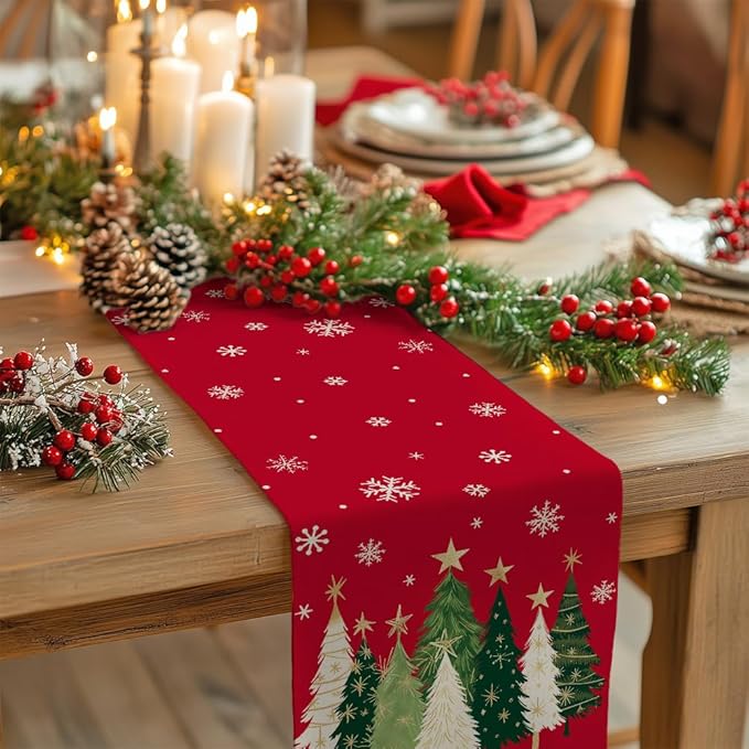 GEEORY Christmas Table Runner 13x72 Inch, Xmas Trees Snowflakes Winter Holiday Decorative Farmhouse Table Decorations for Kitchen Dinning, Indoor Outdoor Dinner Party Decor (Red) GT150-72-Ruum Studio Home