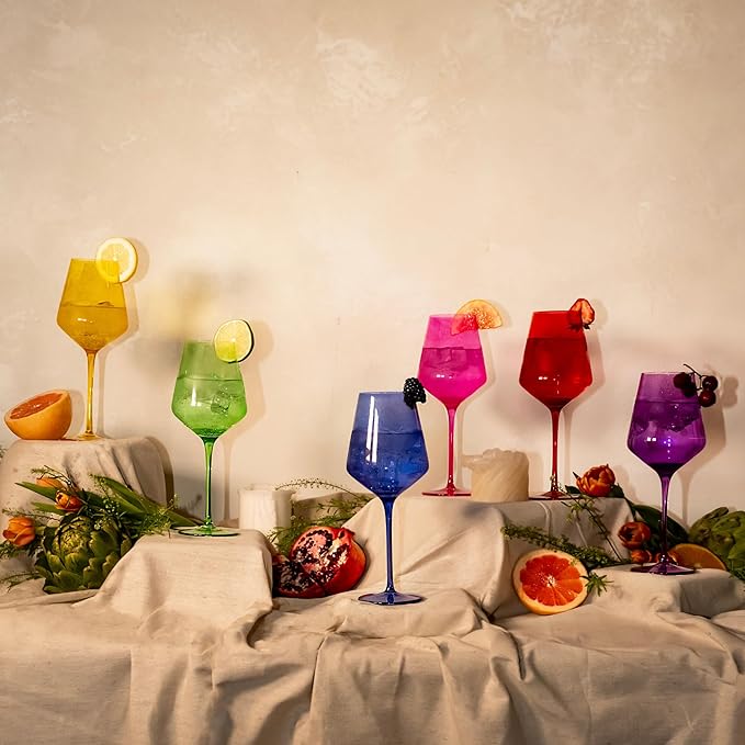 Saludi Colored Wine Glasses, 16.5oz (Set of 6) Stemmed Frida-Color Glass - Great for all Wine Types and Occasions - Luxury, Durable, Hand-Blown-Ruum Studio Home