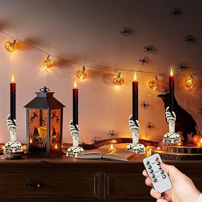 GenSwin Halloween Black Taper Flameless Candles with Ghost Hand Candlesticks and Remote Timer, 2 Pcs Battery Operated Taper Candles with Holder and 3D Flame for Halloween Decor-Ruum Studio Home