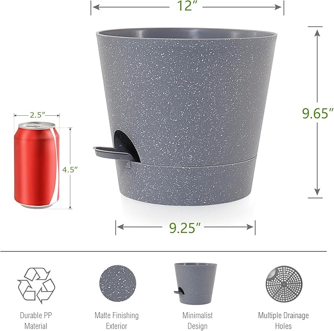Self Watering Pots for Indoor Plants,12 inch Planters with Drainage Holes Plastic Flower Pots with Deep Reservoir, Grey Speckles-Ruum Studio Home