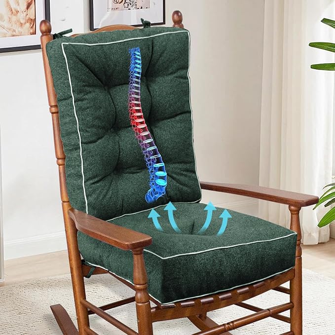 YZ HOME Rocking Chair Cushion, Set of Thicken Seat & Back Chair Cushions with Memory Foam, Non-Slip Chair Pad with Ties for for Indoor&Outdoor Rocker, Dark Green, 22x17x5/17x17x5-Ruum Studio Home