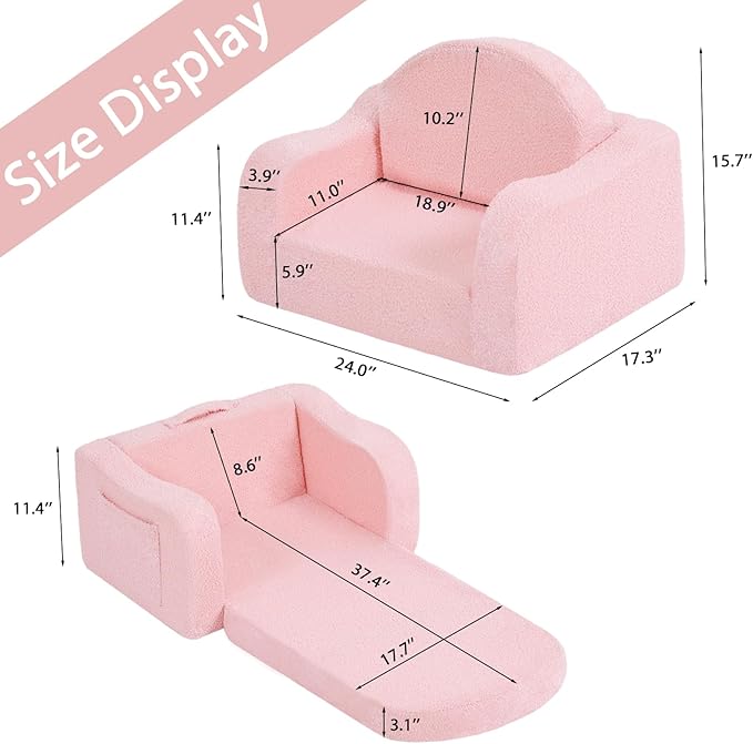 Welnow 2-in-1 Kids Sofa Chair, Convertible Toddler Chair Flip Out Children Sofa Chair with Wave Armrests Folding Kids Play Sofa with Side Pockets & Removable Cover Armchair for Girl or Boy-Ruum Studio Home