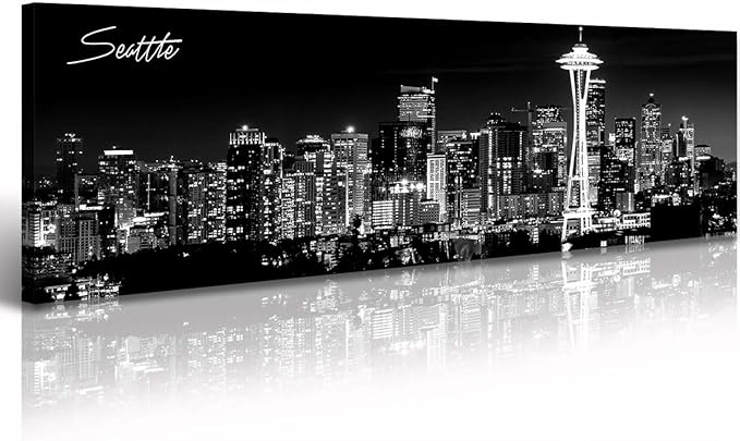 Seattle City Skyline Wall Art Black and White Canvas Prints Panorama Cityscape Picture Night View Painting Poster Modern Artwork Home Decor for Office Living Room - Ready to Hang 13.8" x 47.3"-Ruum Studio Home