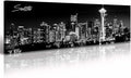Seattle City Skyline Wall Art Black and White Canvas Prints Panorama Cityscape Picture Night View Painting Poster Modern Artwork Home Decor for Office Living Room - Ready to Hang 13.8" x 47.3"-Ruum Studio Home
