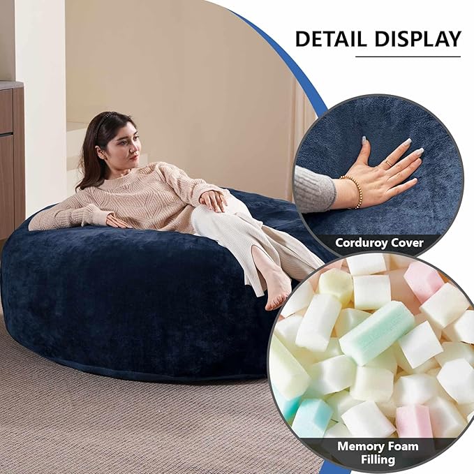 4FT Large Bean Bag Chairs,Big Adult Size Memory Foam Beanbags with Filler Included,Machine Washable Corduroy Cover,Ultra Soft Plush Gaming Bing Bag Puff Chair for Dorm, Living Room & Bedroom (Blue)-Ruum Studio Home