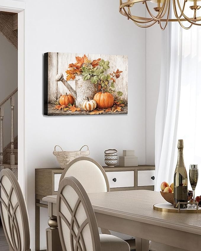 Autumn Pumpkin and Watering Can Canvas Wall Art, Rustic Fall Leaves Print Farmhouse Picture for Thanksgiving Decorations, Fall Wall Art Decor Ready to Hang-Ruum Studio Home