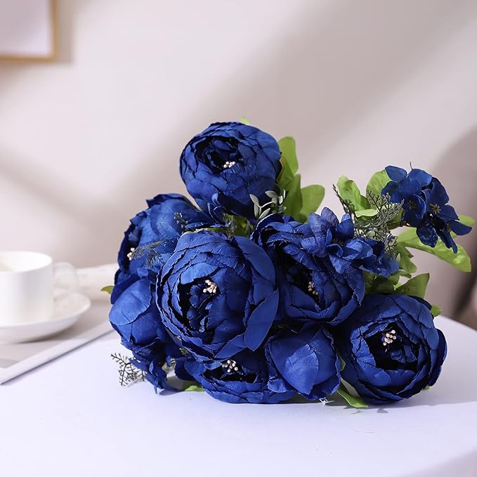 Duovlo Artificial Peony Silk Flowers Fake Flowers Vintage Wedding Home Decoration,Pack of 1 (Navy)-Ruum Studio Home