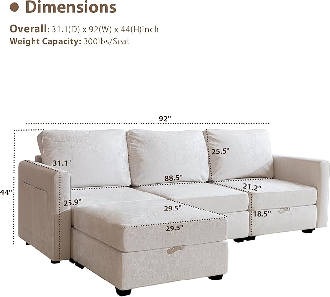 mestyl Modular Sectional Sofa Convertible L Shaped Sofa Couch Set with Storage for Living Room, Modern 3 Seater Modular Sectional Couch with Movable Ottoman (Beige)-Ruum Studio Home