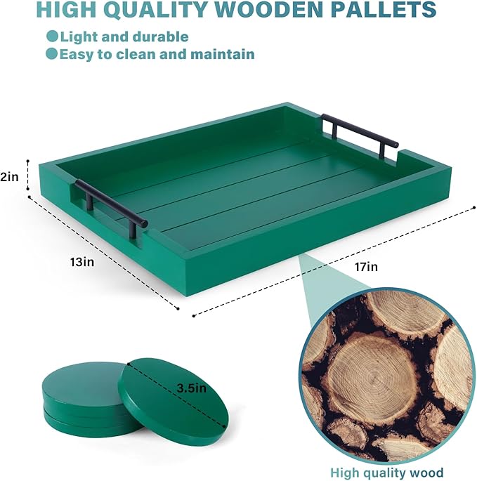 Ottoman Coffee Table Decorative & Serving Tray, 17x13 Inch Wood Tray with 4 Wooden Coasters - Perfect for Ottoman & Breakfast-Ruum Studio Home
