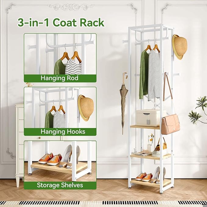 IBUYKE Coat Rack with Shelves, Freestanding Hall Tree with 3 Shelves and 8 Hooks, Industrial Clothes Stand for Entryway, Hallway, Bedroom, Natural UTMJ088R-Ruum Studio Home