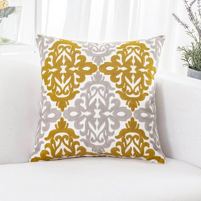 HWY 50 Mustard Yellow Decorative Throw Pillow Covers 18x18 Inch (1 Piece), Embroidered Cotton Farmhouse Cushion Cover Pillow Case for Sofa Couch Living Room Bed Bedroon, Floral Geometric-Ruum Studio Home