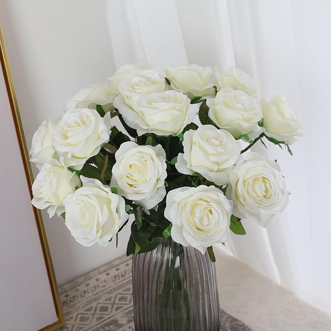 White Fake Roses Artificial Flowers - 10 Pcs Fake Artificial Roses Silk Flowers with Stems for Home Wedding Hotel Office Centerpiece Decor-Ruum Studio Home