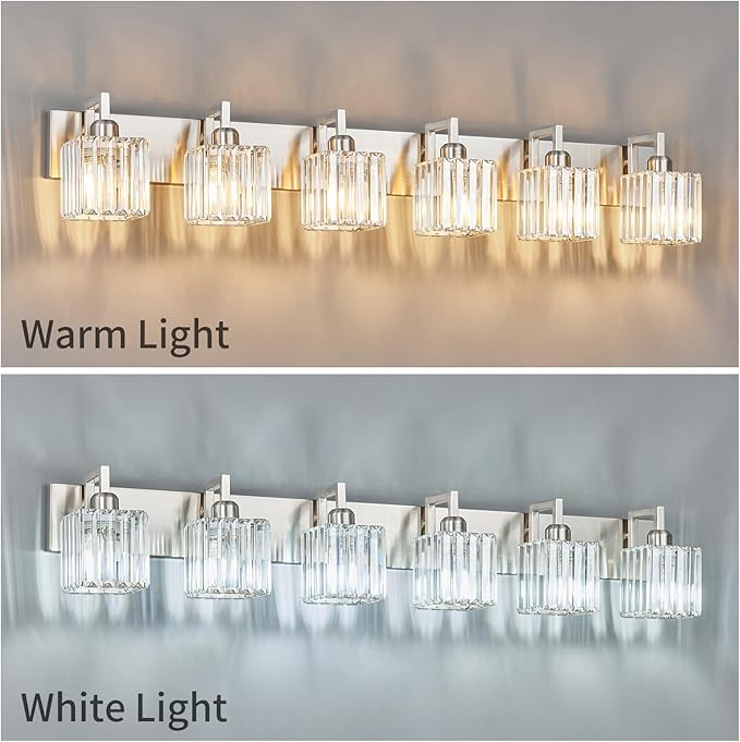 Modern Bathroom Vanity Light 6-Lights Brushed Nickel Vanity Light Crystal Wall Light Bathroom Light Fixtures-Ruum Studio Home