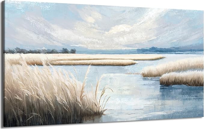 amatop Extra Large Coastal Marsh Landscape Wall Art – Neutral Blue Beige Wetland Canvas Print for Bedroom Living Room Office – Serene Nature Wall Decor,Oversized Ocean Artwork for Home Decoration-Ruum Studio Home