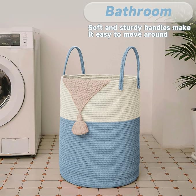 Large Woven Laundry Basket Hamper,80L Cotton Rope Storage Bin for Blankets,Toys and Clothes,Decorative Tall Nursery Hamper for Living Room,Baby Nursery,Bathroom and Bedroom,White and Blue-Ruum Studio Home