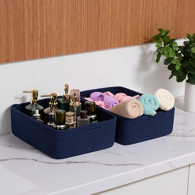 Large Shallow Organizing Baskets 15x11x5.1 Inches - Rope Woven Storage Bins for Bathroom, Shelves, Cube Closet, Navy Blue 2 Packs-Ruum Studio Home