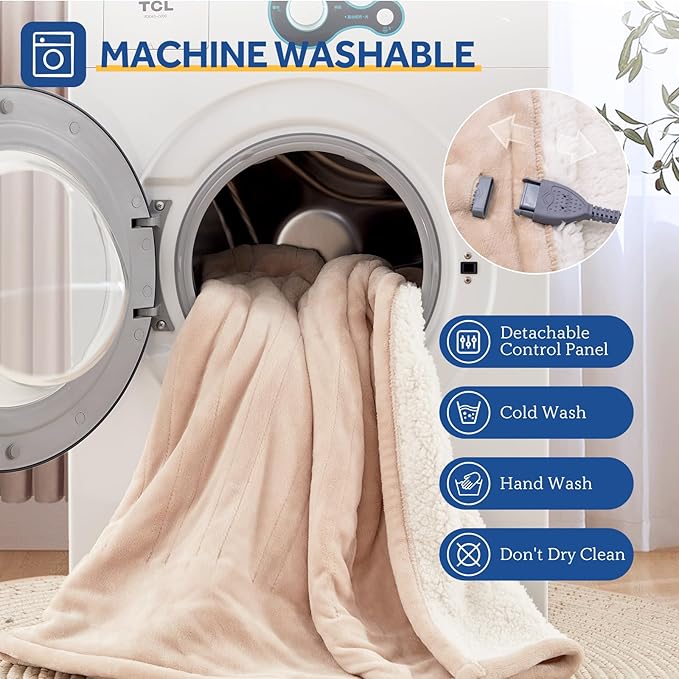 Sealy Electric Blanket Throw Size 50"*60",Super Cozy Flannel to Sherpa Reversible Heated Blanket Throw with 6 Heating Levels & 2-10 Hours Auto Off Overheating Protection Machine Washable,Beige-Ruum Studio Home